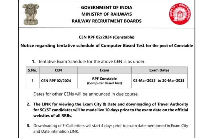 Railway RPF Constable Exam Date 2025 Out for CBT Exam, Official Notice