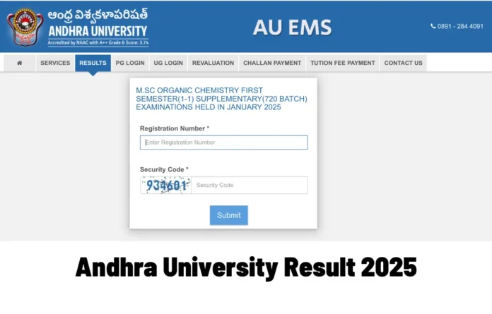 Andhra University Result 2025 Out for Science M.Sc. 1st Semester Exams