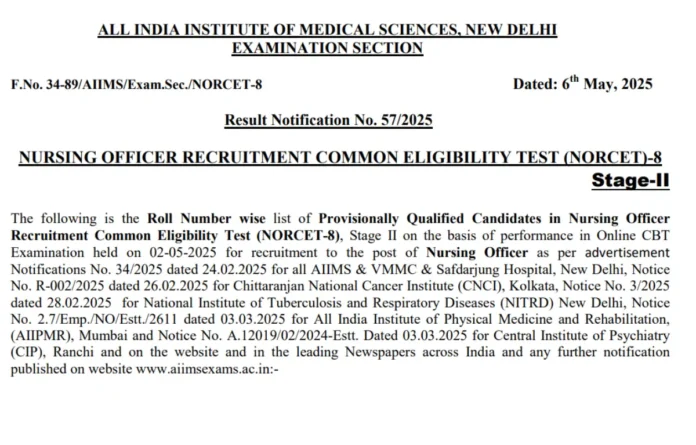 AIIMS NORCET 8 Mains Result 2025 Out, Cut Off Marks & Percentage