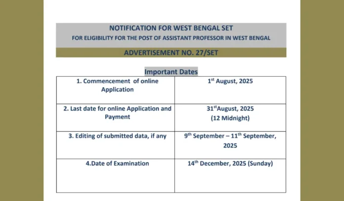 WB SET 2025 Notification Out, Application Form, Exam Date, Eligibility