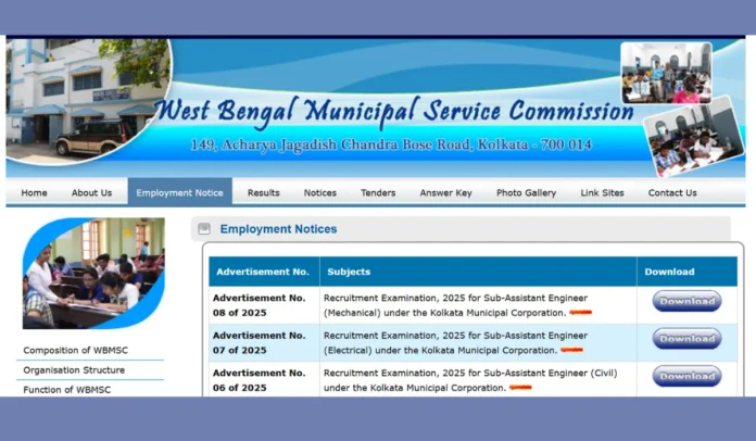 WBMSC Sub Assistant Engineer Recruitment 2025 Notification Out For 125 Vacancies